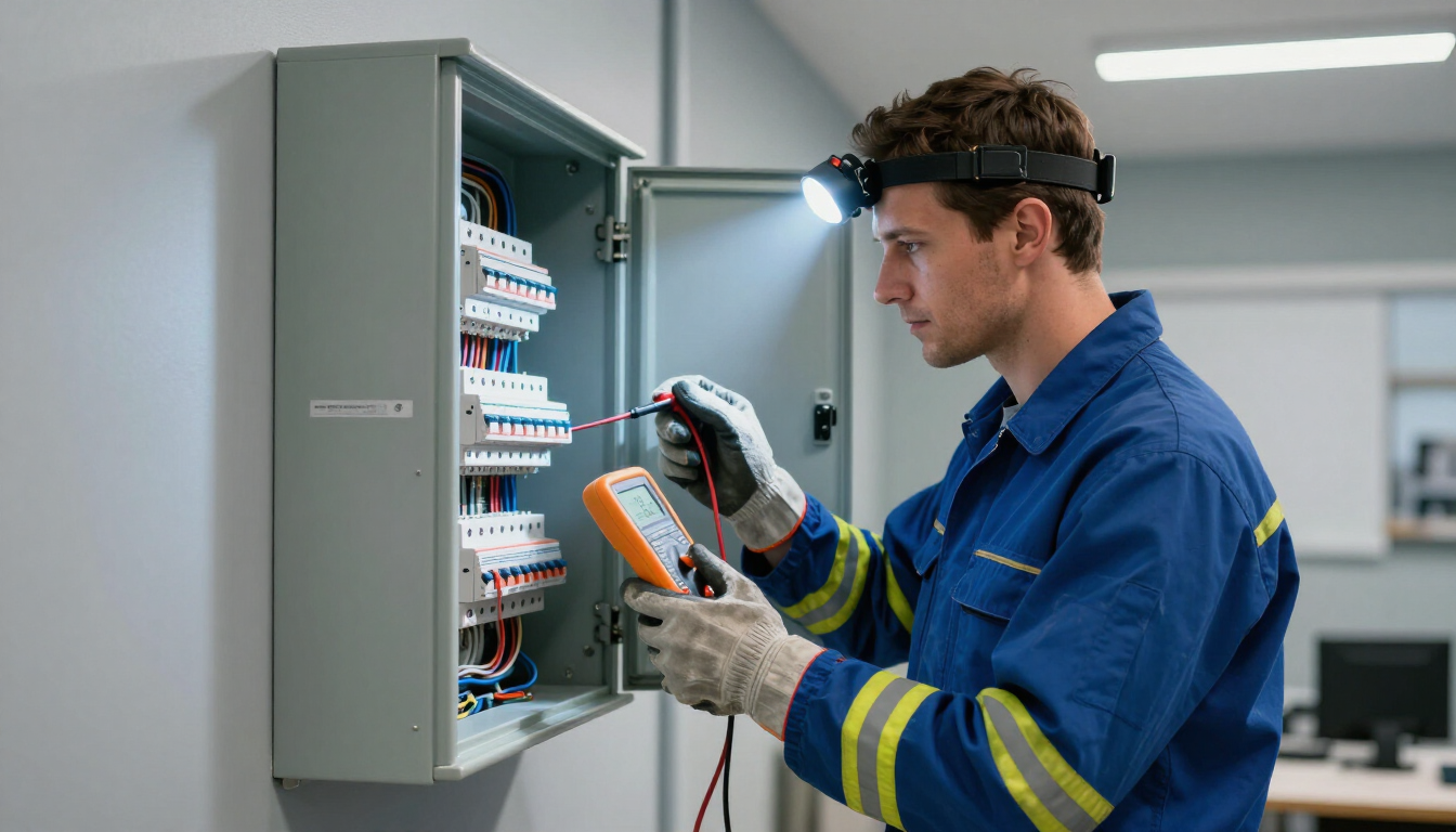 Technician inspecting electrical control panel in a workshop, wearing safety glasses and gloves.