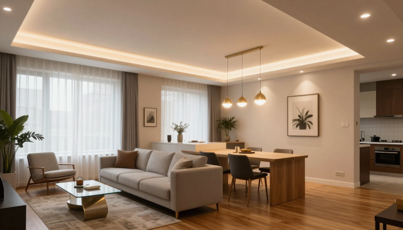 Modern open-plan living room with gray sofa, wooden dining table, and warm recessed lighting