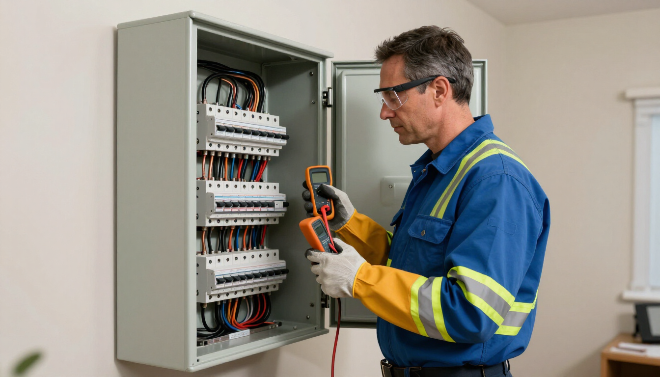 Technician in blue coveralls testing electrical panel with a multimeter in an office room