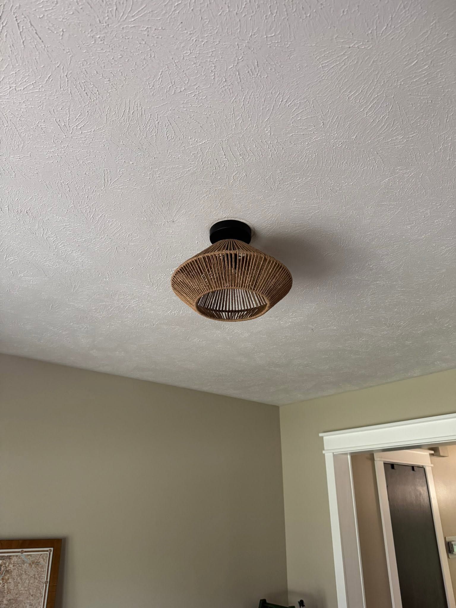 Ceiling light fixture with dark wood and zebra-patterned design in a room corner