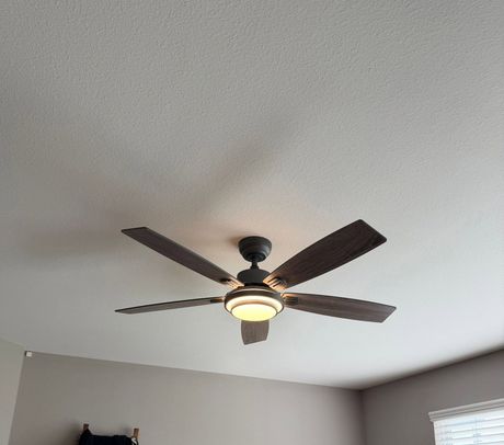 Ceiling fan with dark blades and light fixture in a gray bedroom ceiling