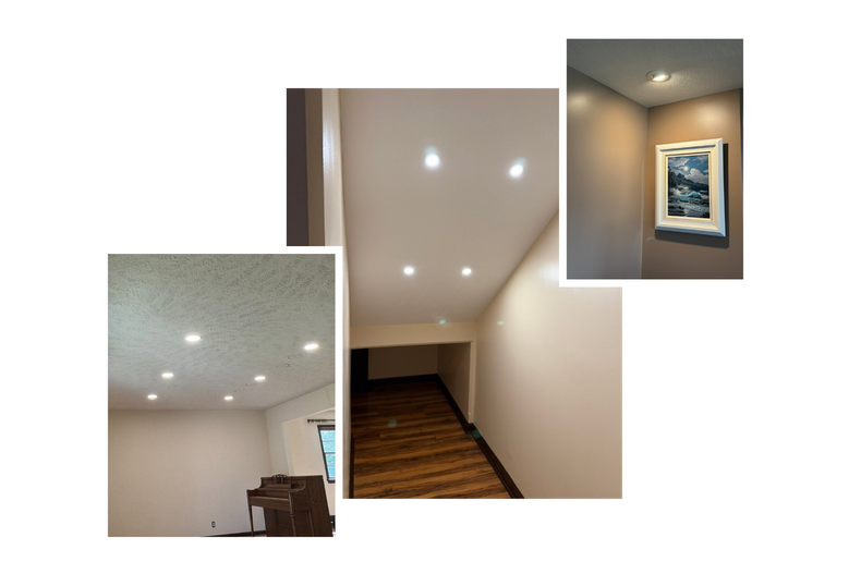 Collage of stairwell ceilings with recessed lights and framed wall art in a hallway