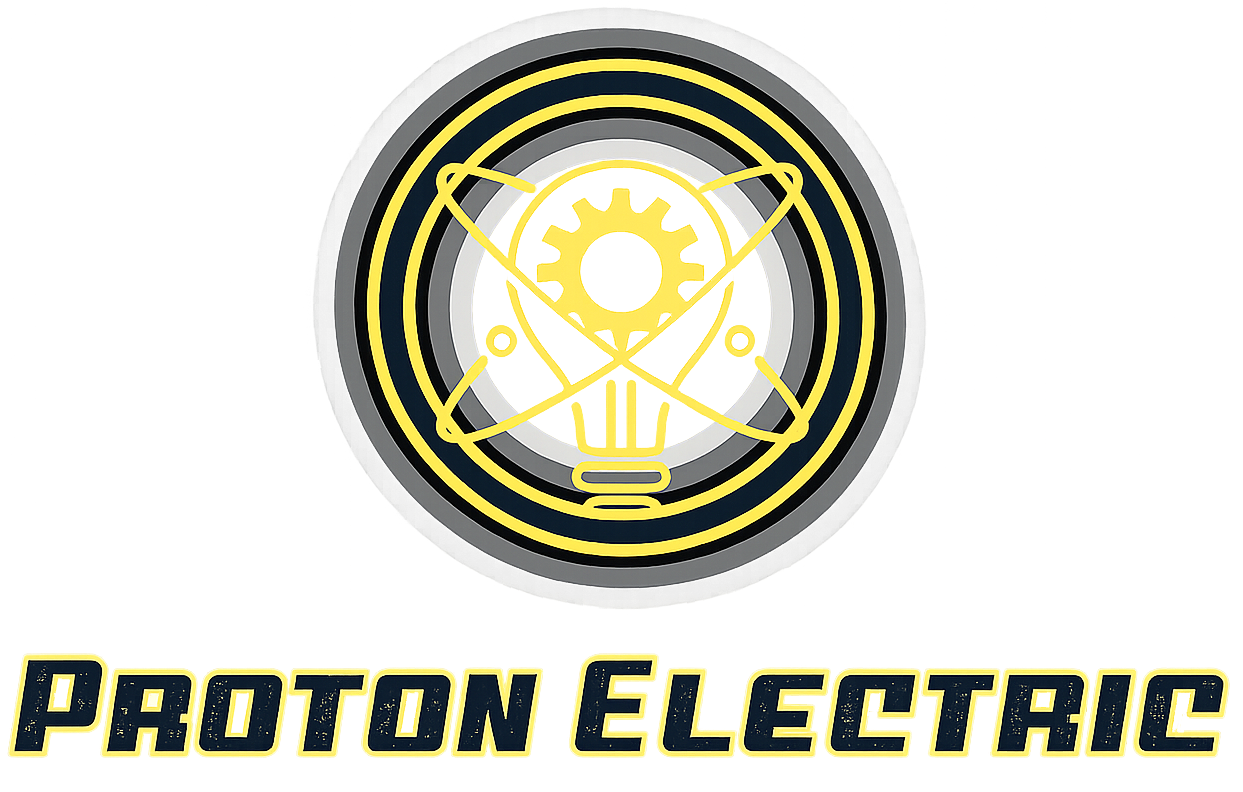 Proton Electric logo with yellow light bulb and crossed lines inside a black circle