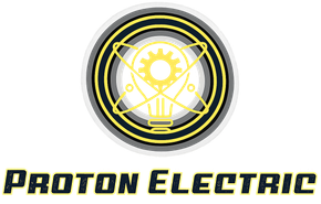 Proton Electric logo with yellow light bulb and crossed lines inside a black circle