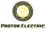 Proton Electric logo: yellow lightbulb in black circle with crossed lines and bold text on white background