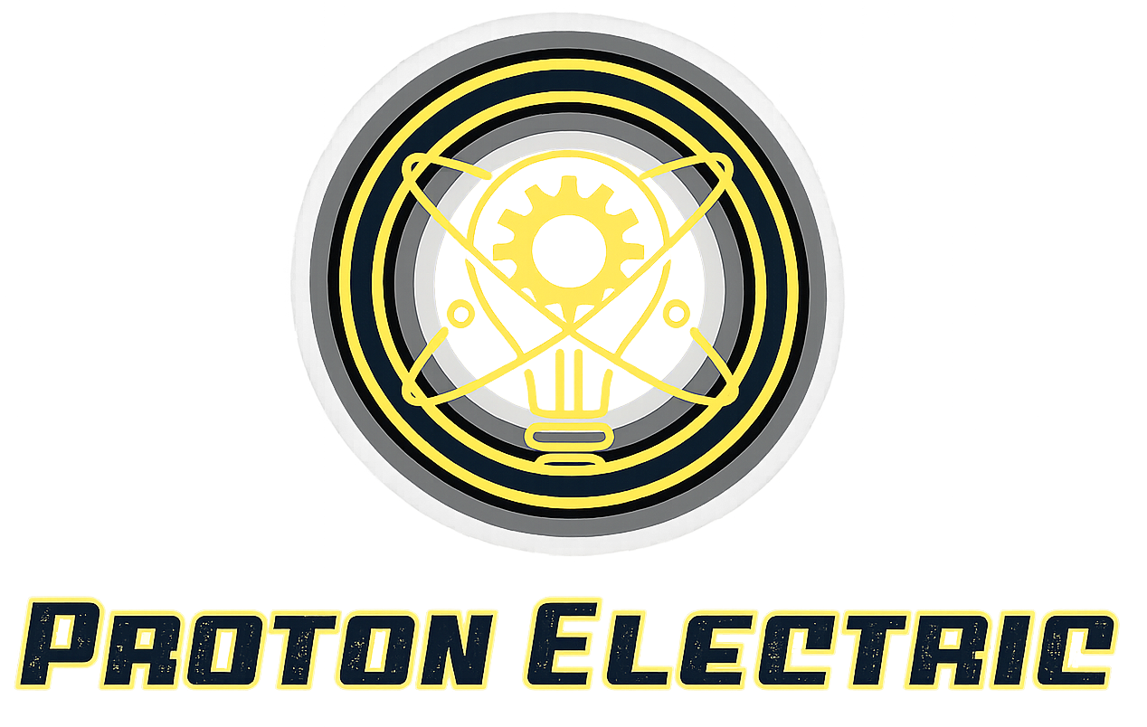 Proton Electric logo: yellow lightbulb in black circle with crossed lines and bold text on white background