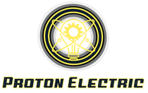 Proton Electric logo: yellow lightbulb in black circle with crossed lines and bold text on white background