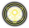 Yellow lightbulb and gear icon inside a black-and-gold circular emblem