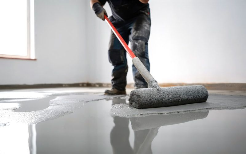Person rolling gray coating on a concrete floor in a room.