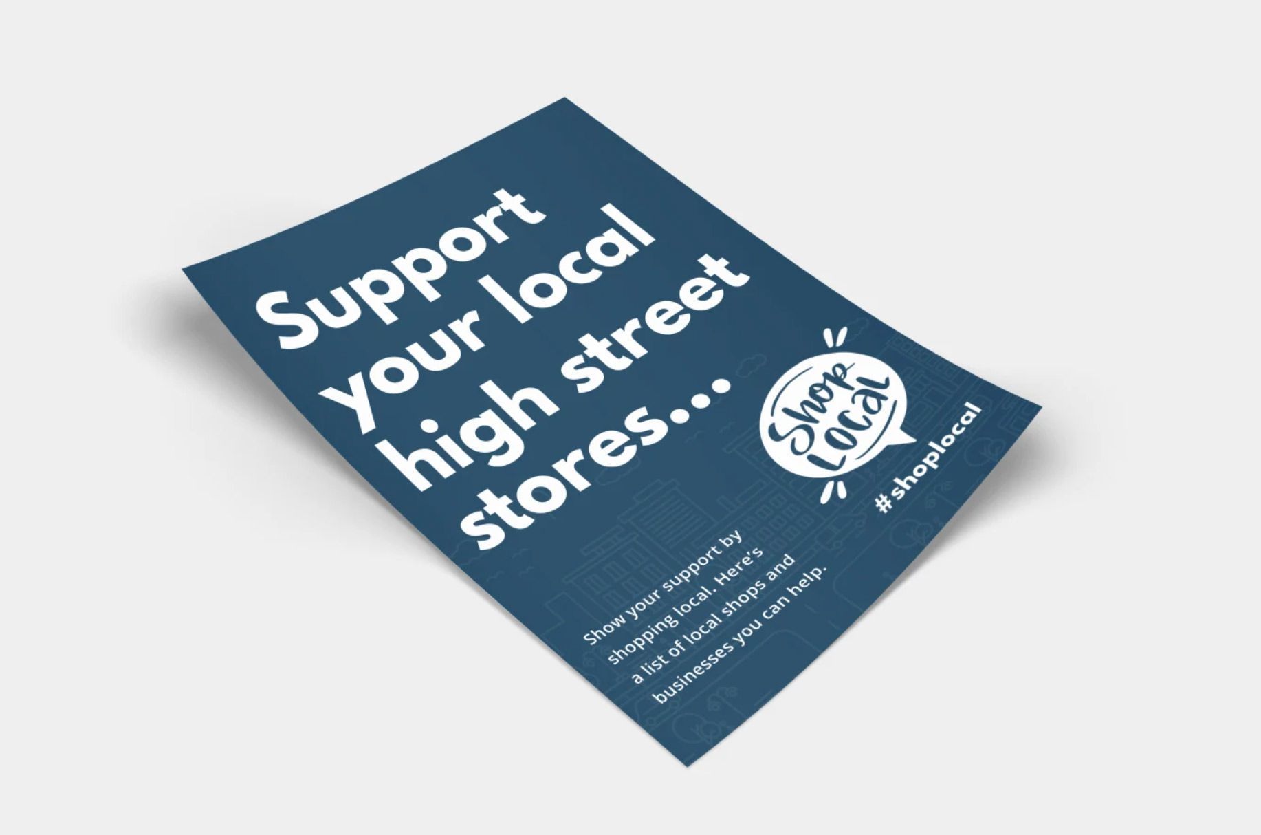 A blue poster promoting local high street stores with white text. Features a