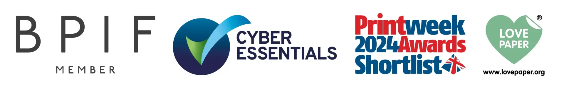 Logos for BPIF, Cyber Essentials, Printweek 2024 Awards Shortlist, and Love Paper.
