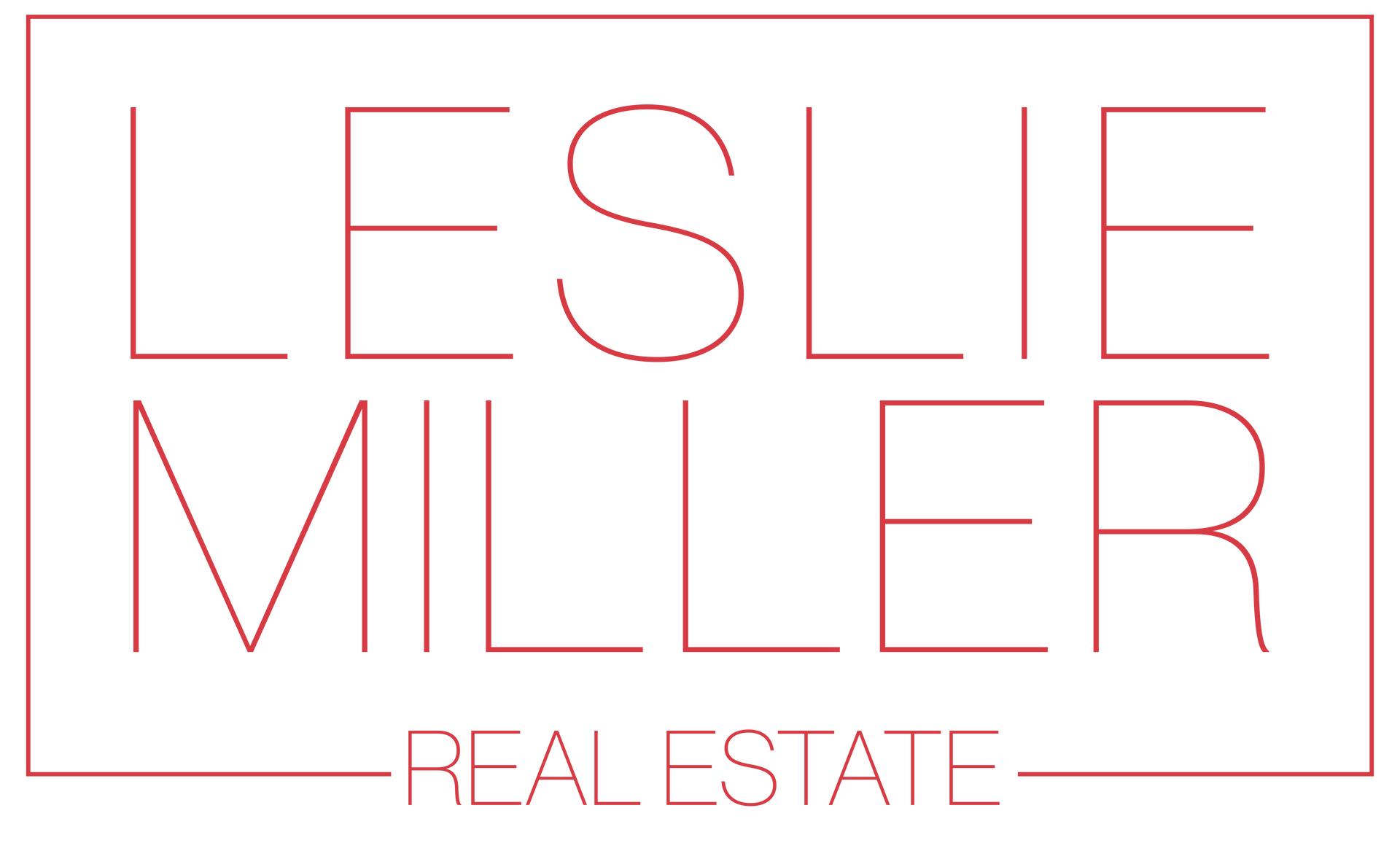 The logo for leslie miller real estate is red and white.