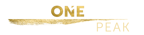 A gold logo for one peak with a white background.