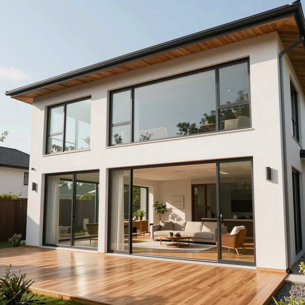 Modern two-story white house with large windows and a wooden patio deck