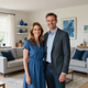 Smiling couple standing in a bright living room with blue accents and framed artwork