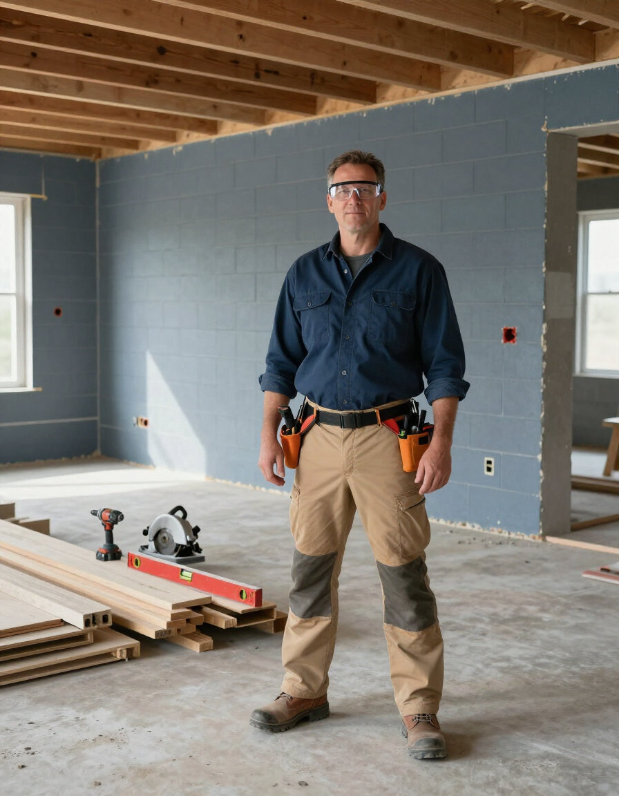 Construction worker standing in unfinished room with tools and lumber on the floor