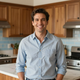 Smiling man in a light blue shirt standing in a kitchen with wood cabinets.