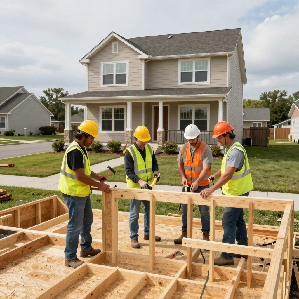 Construction workers in hard hats framing a house foundation at a suburban home site
