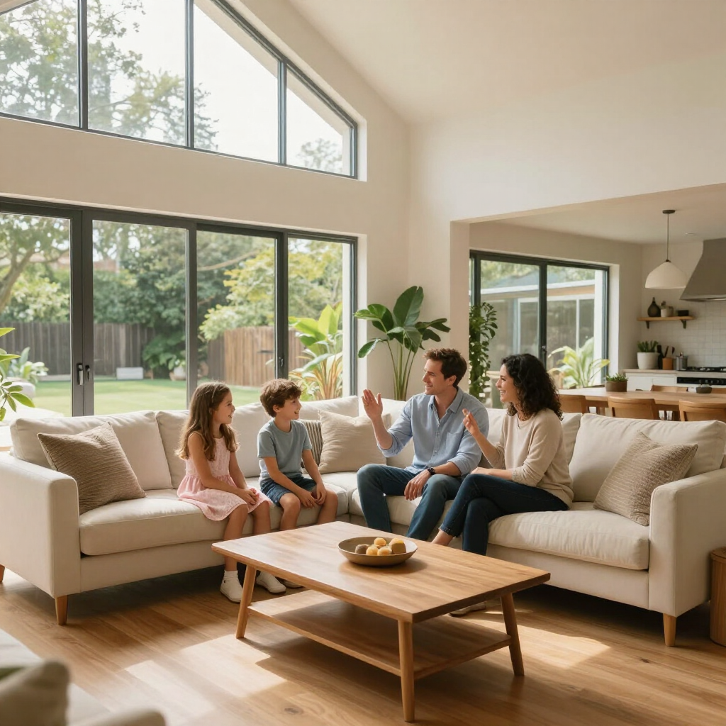 Family sitting and chatting in a bright modern living room with large windows and beige sectional sofa