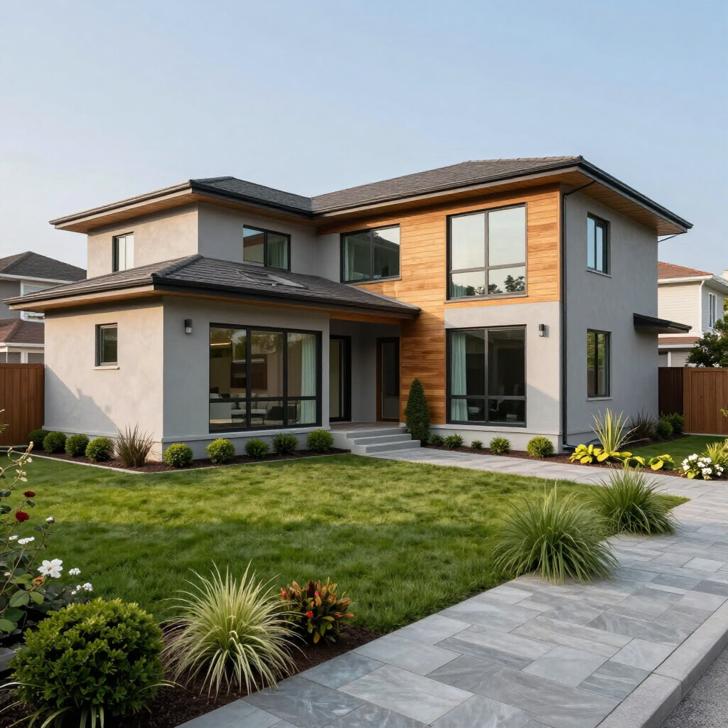 Modern two-story house with wood and white exterior, large windows, and a landscaped front lawn