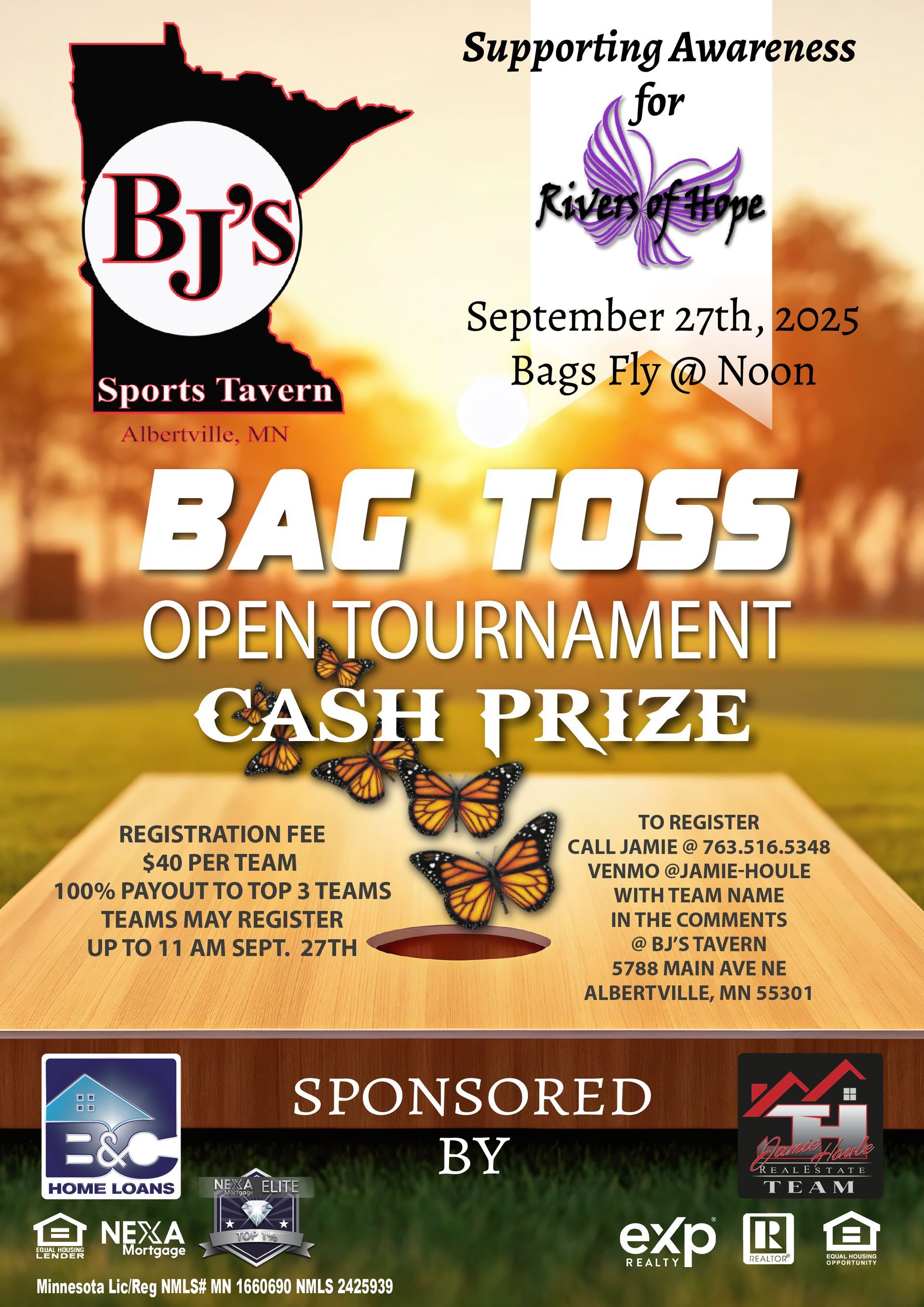 Bag toss tournament poster at BJ's Sports Tavern to support Rivers of Hope, September 27, 2025. Features a cash prize and butterfly graphics. Bag toss tournament poster at BJ's Sports Tavern to support Rivers of Hope, September 27, 2025. Features a cash prize and butterfly graphics.