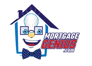 Mortgage Genius logo: Blue house cartoon with glasses, bow tie, and a lightbulb; text Mortgage Genius logo: Blue house cartoon with glasses, bow tie, and a lightbulb; text