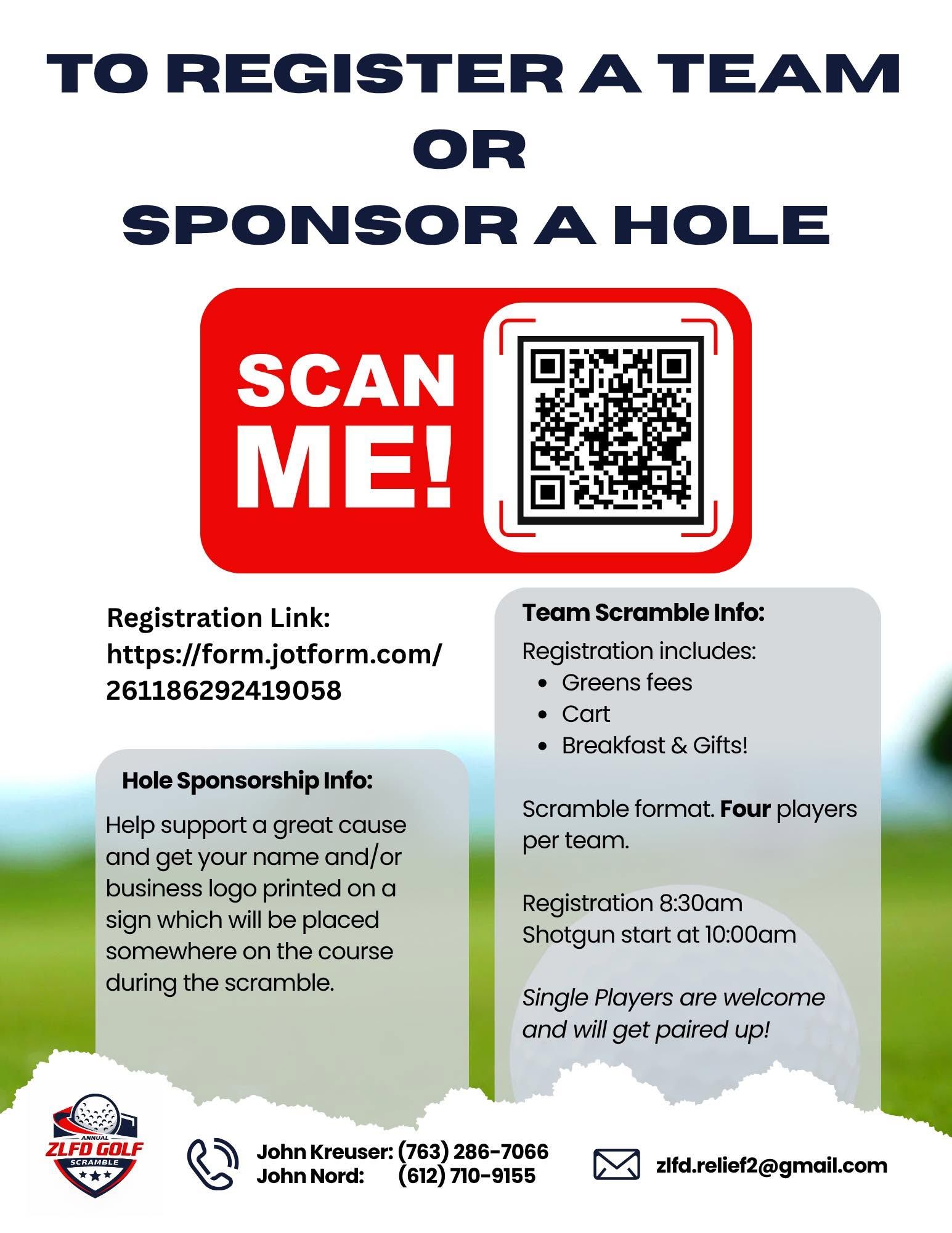 Flyer to register a team or sponsor a hole, with QR code and event contact details. Flyer to register a team or sponsor a hole, with QR code and event contact details.