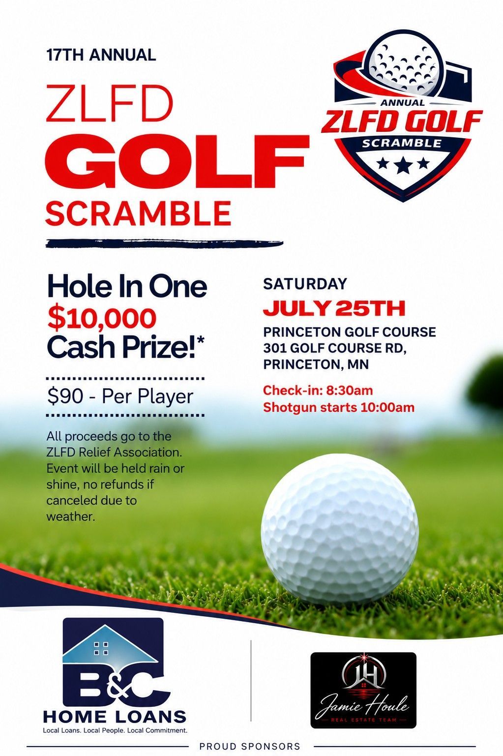 ZLFD Golf Scramble poster with $10,000 hole-in-one cash prize, July 25, and golf ball on grass ZLFD Golf Scramble poster with $10,000 hole-in-one cash prize, July 25, and golf ball on grass
