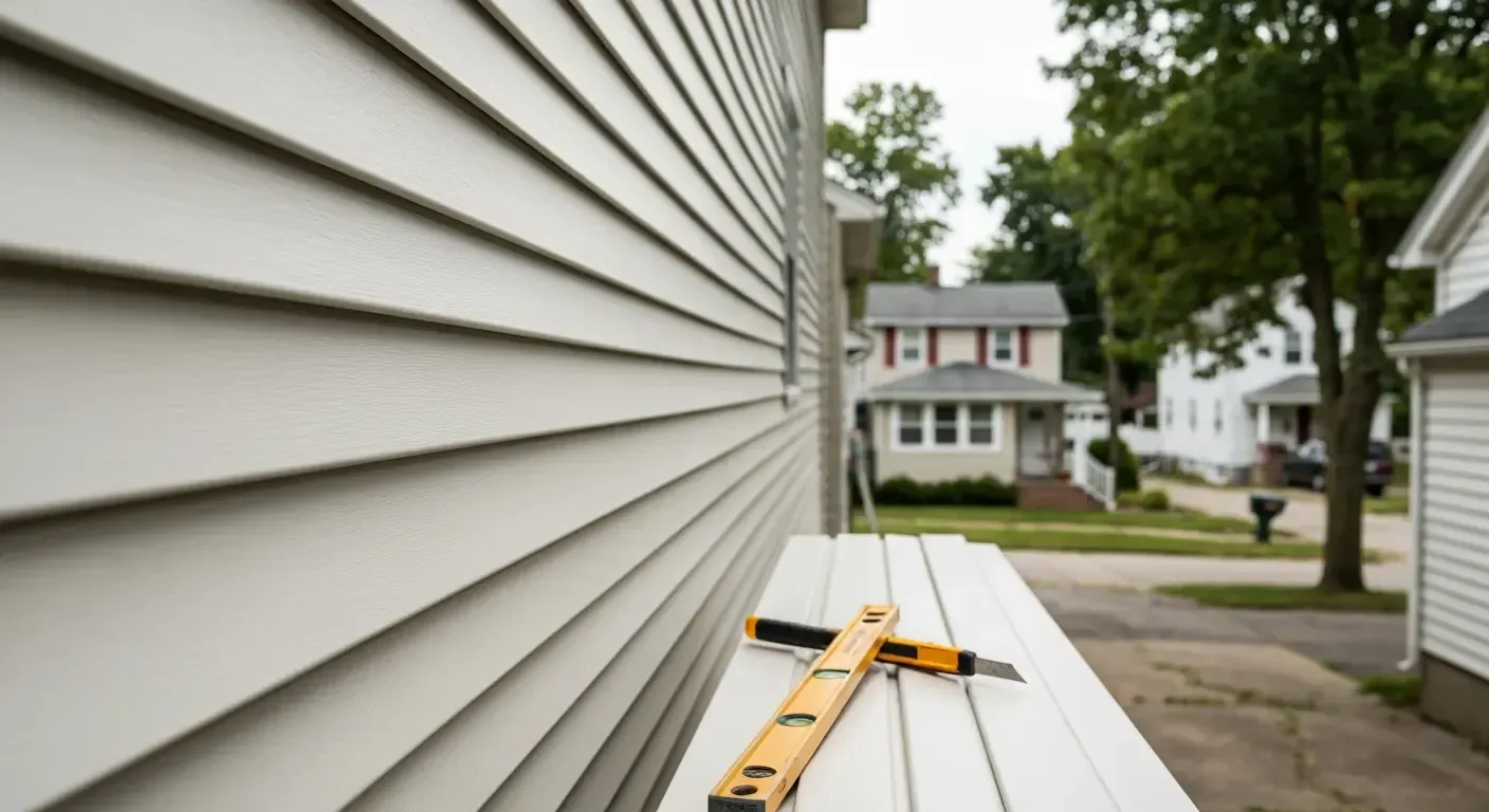 Level on white vinyl siding beside a ladder on a house exterior, with a suburban street in the background A yellow level on a white siding repair platform beside a house
