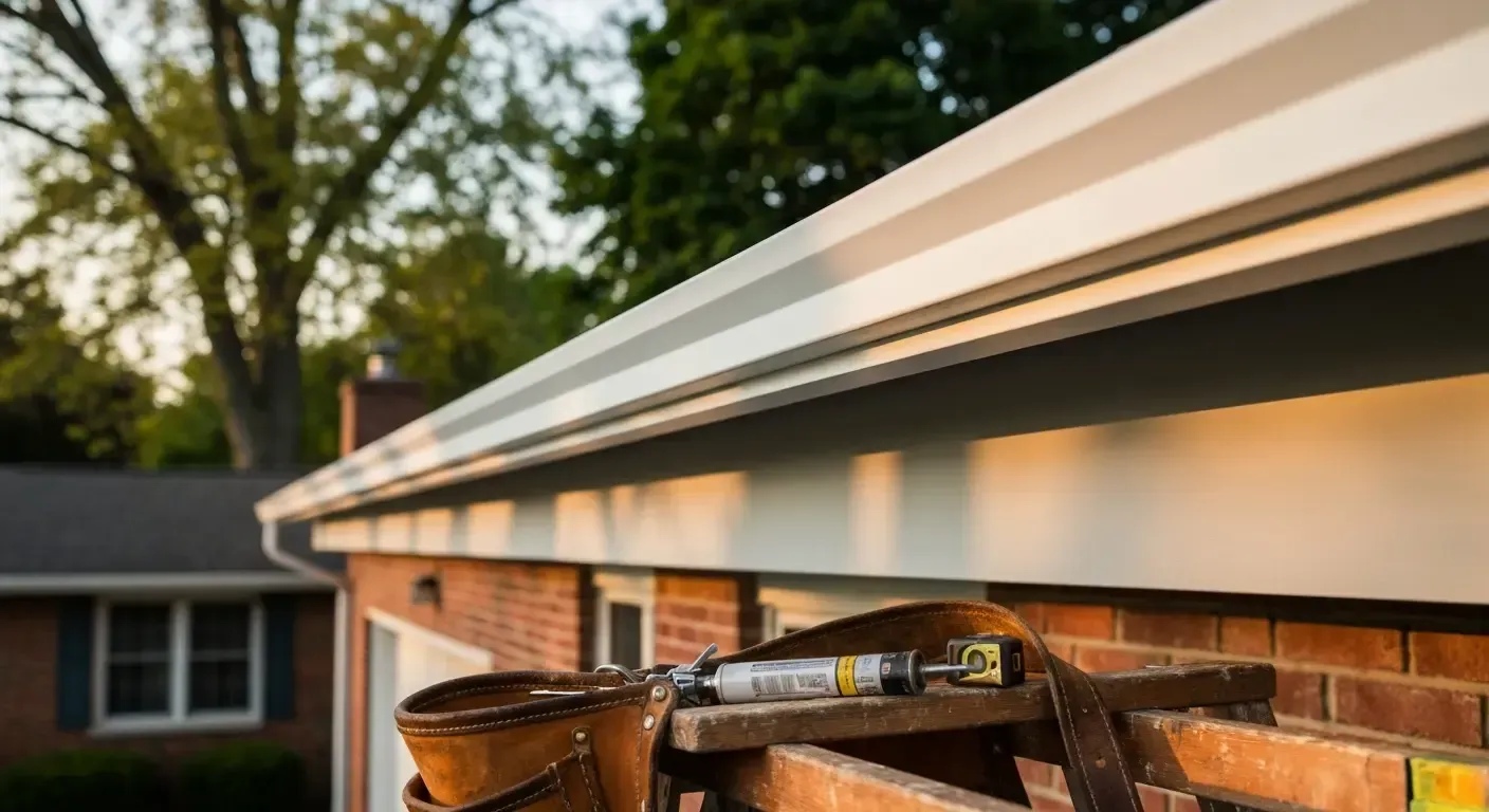 Roofing tools on a brick house gutter beside a metal roof edge, with a suburban home in the background. Gutter installation on a brick house roof edge, with tools resting on the eaves.