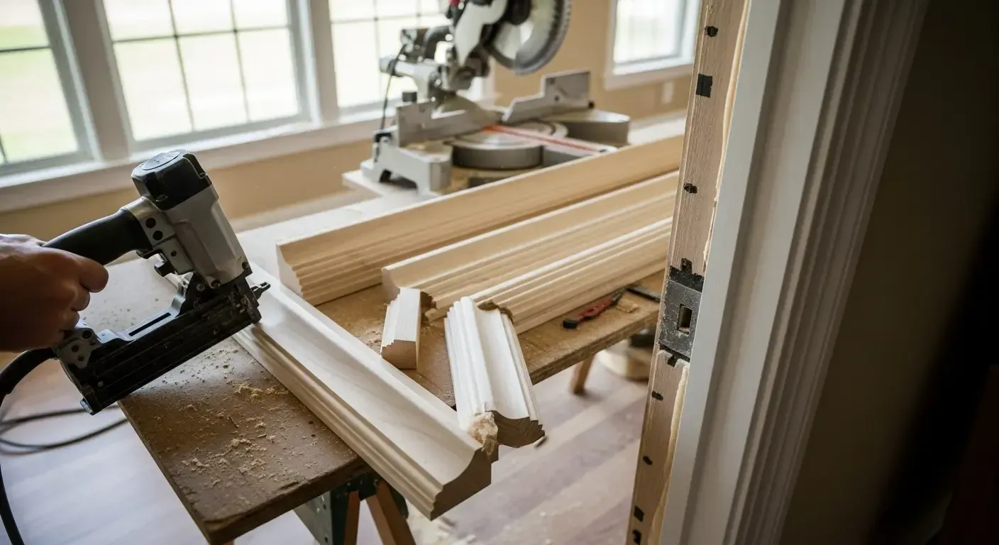 Person using a nail gun to assemble wooden trim in a sunlit workshop Woodworking shop with a nail gun, stacked wooden boards, and a miter saw by a bright window
