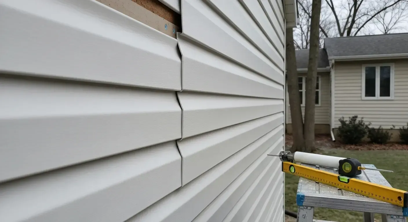 Close-up of white vinyl siding on a house, with a level on a ladder in the background. Close-up of white house siding with a level on a ladder beside a neighboring house.