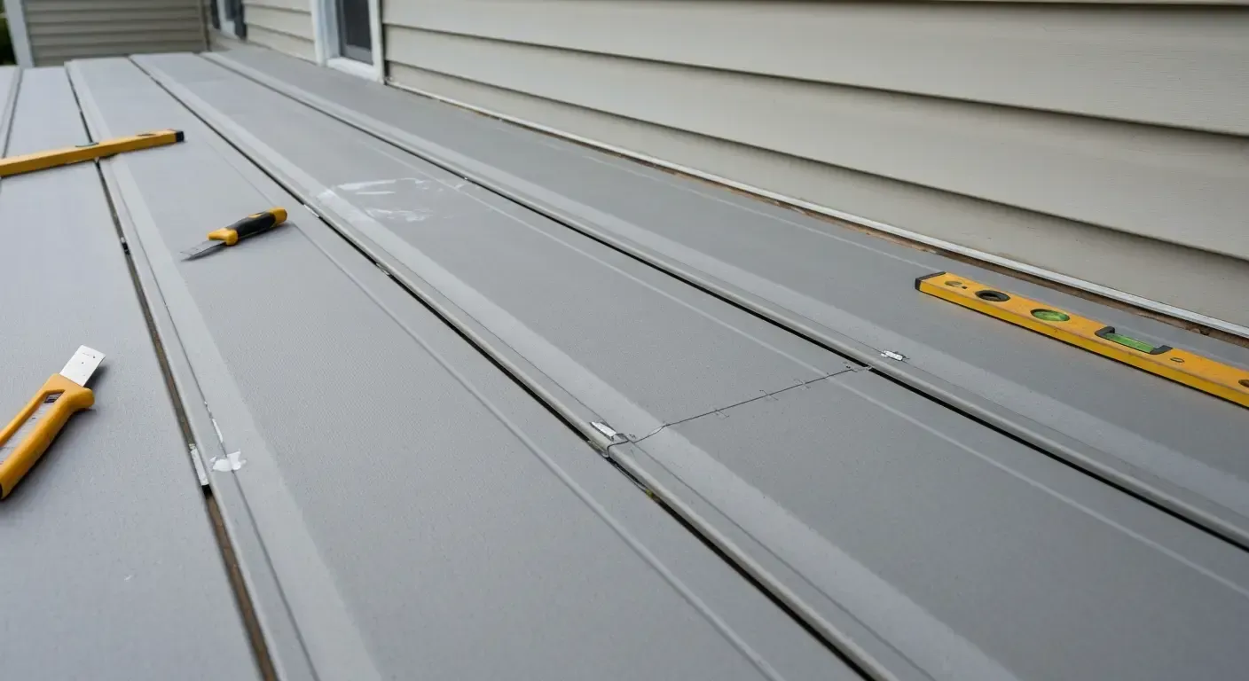 Gray metal roof panels with two yellow tools and a level beside a house wall Metal rooftop with gray standing-seam panels, a yellow level, and a few hand tools near beige siding