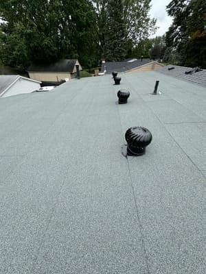 Flat gray roof with several black vent pipes and trees in the background