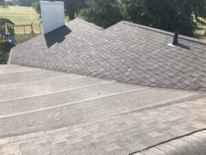 Gray shingled roof with a small vent and trees in the background