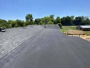 Flat black roof with gray shingles and trees under a clear blue sky.