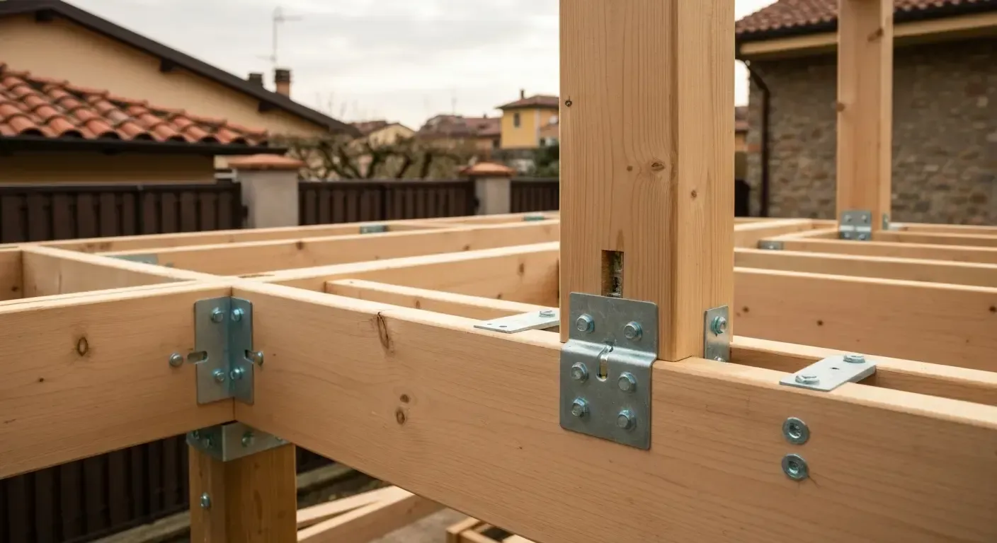 Wooden house framing with metal joist brackets on a construction site, with tiled roofs in the background Wooden house frame with metal brackets and bolts in a residential construction site