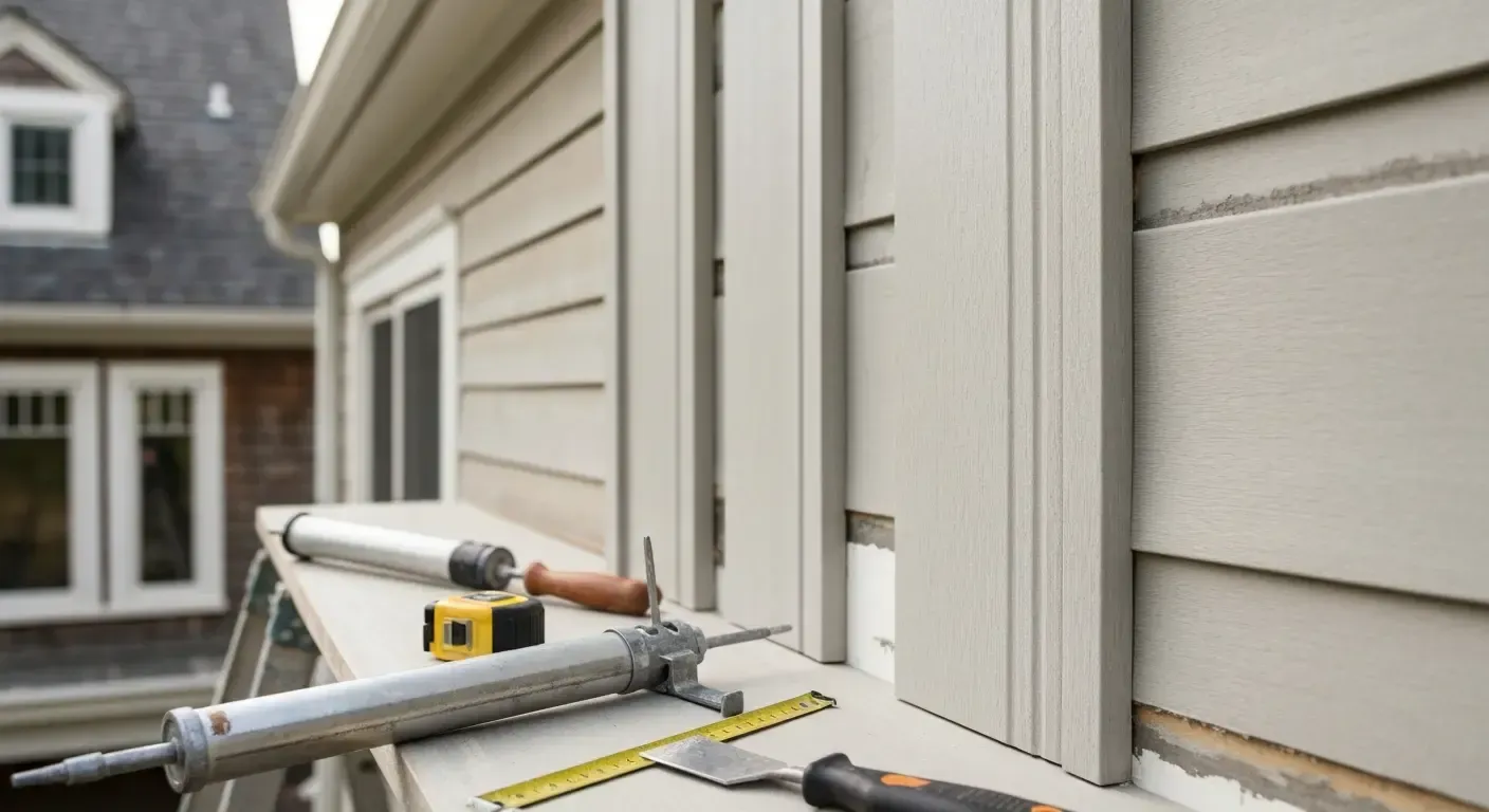 Tools on a white exterior wall beside house siding, with a measuring tape and hand tools on the ledge. House exterior under renovation with tools on scaffolding beside beige siding and white trim