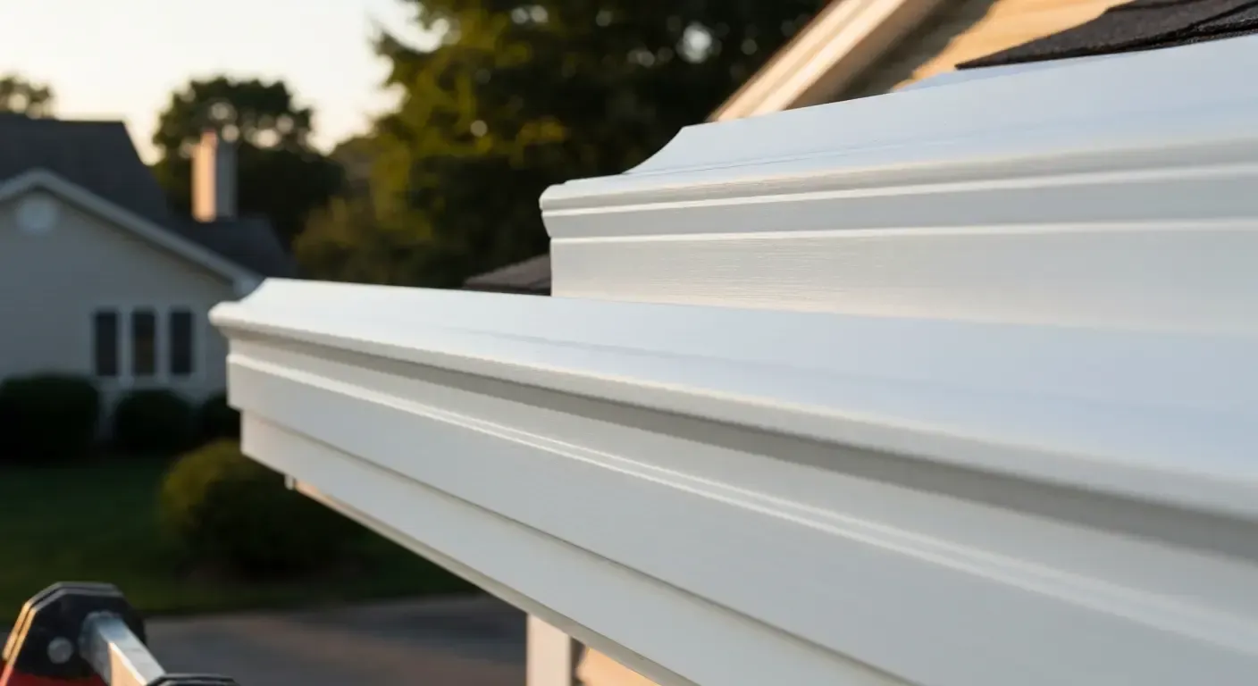 White house gutter and roof trim close-up against a blurred suburban neighborhood at sunset White vinyl window trim on a house exterior with a blurred suburban neighborhood in the background