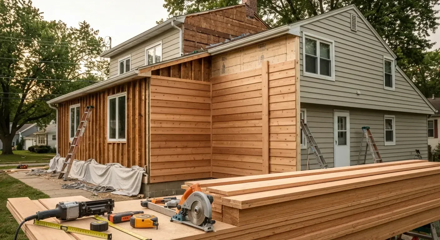House under renovation with exposed wood siding, tools, and stacked lumber in the yard House exterior under renovation with new wood siding, tools, and stacked lumber in the foreground