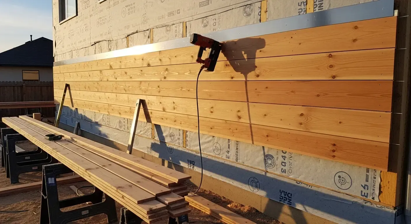 Wooden planks stacked against a wall with a hammer resting on top at a construction site. Construction wall with wood siding and metal flashing on a building site, viewed in warm sunlight