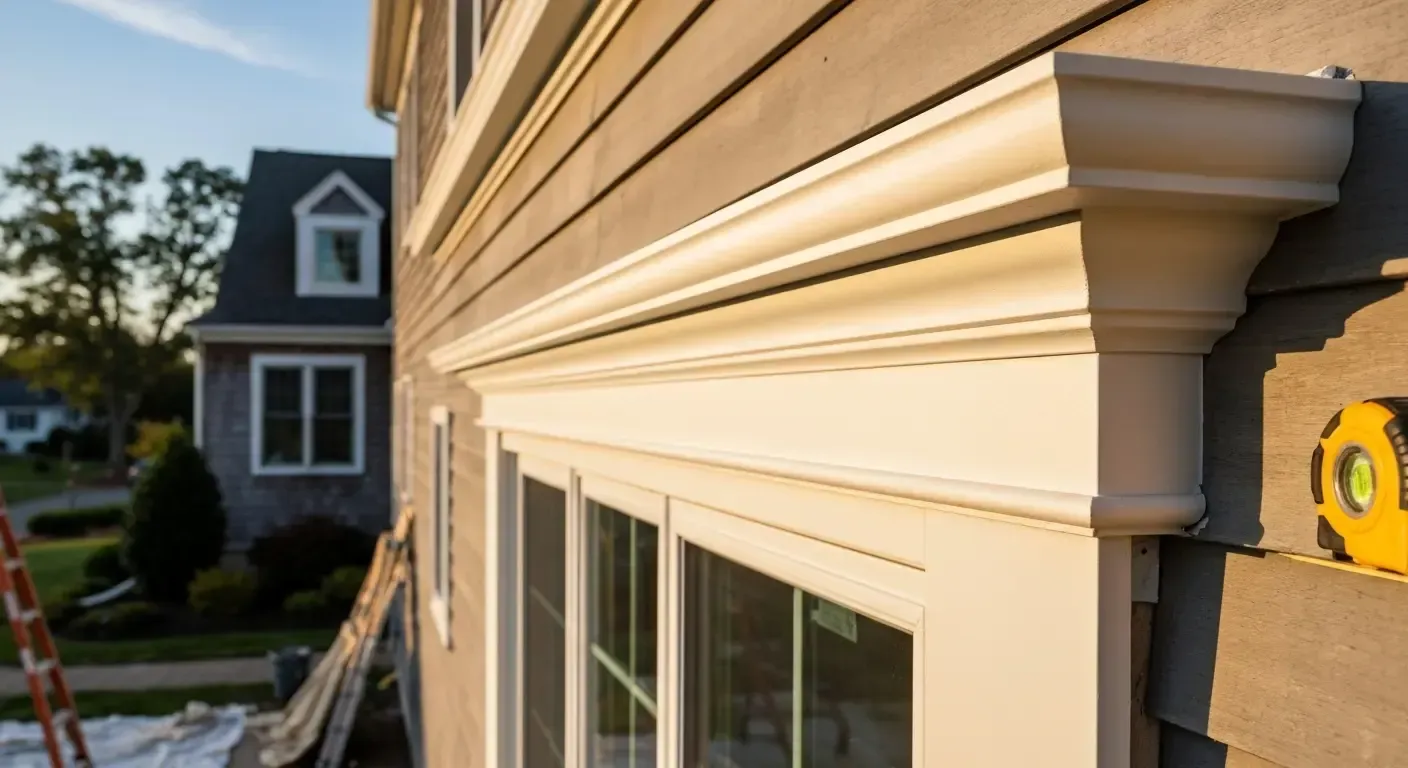 Close-up of beige house siding and window trim in warm sunlight, with a neighboring house blurred in the background Sunlit beige house siding with white trim and window on a suburban home exterior