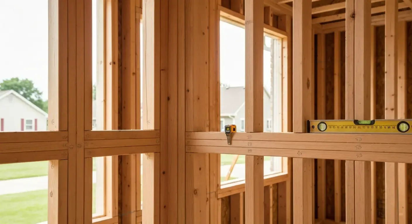 Unfinished wooden house framing with windows, bright daylight, and a level tool on a wall beam Interior of a wooden house frame with unfinished walls, windows, and a level on a beam