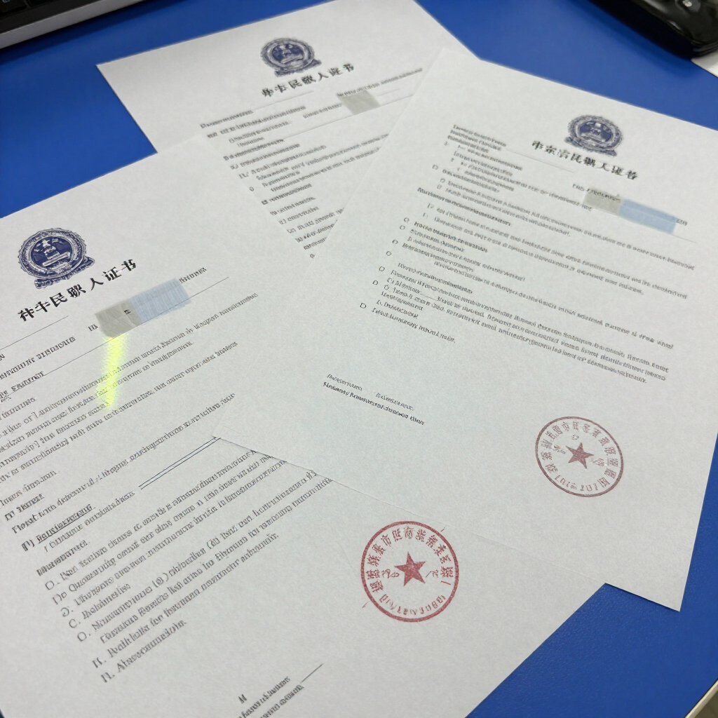 Documentos oficiales con texto en chino, sellos azules y estampillas rojas sobre fondo azul.