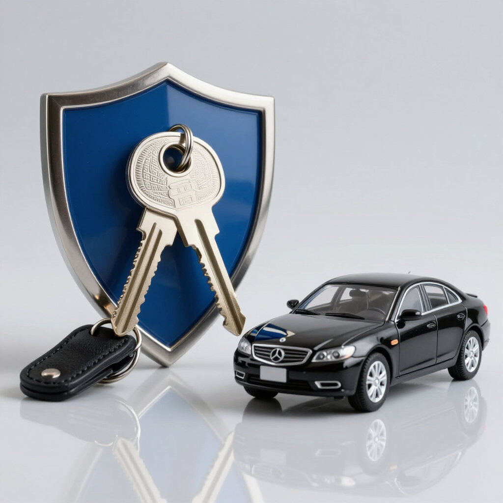 Llaves de coche junto a un escudo azul y un sedán negro, que simbolizan el seguro o la protección del automóvil.