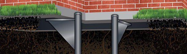 Cross-section of a house foundation with waterproofing, drainage pipes, soil, and brick wall.