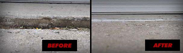 Side-by-side sidewalk comparison labeled “before” and “after,” showing a cleaner concrete edge after repair.