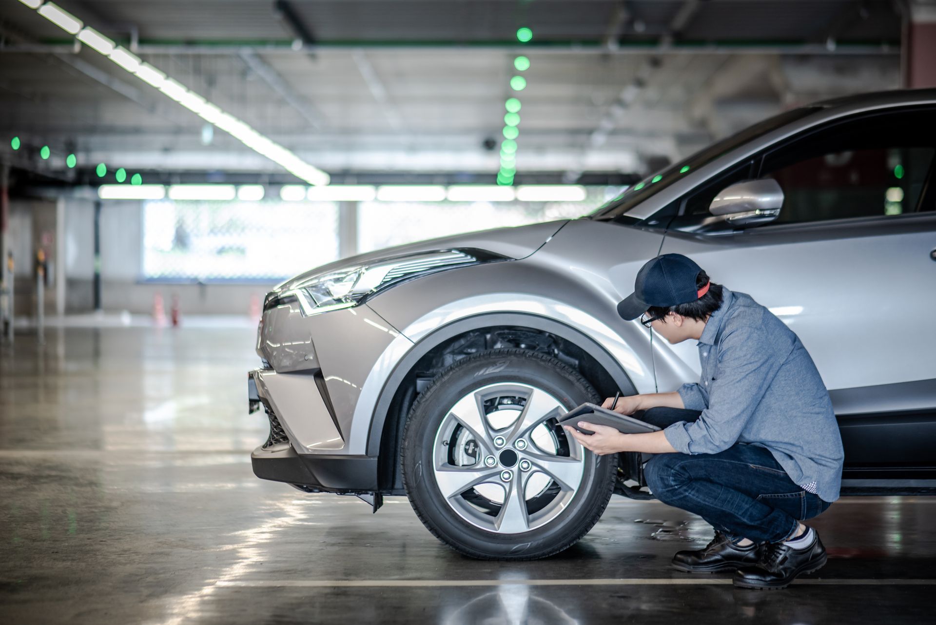 Mechanic inspecting a silver car tire in a garage.