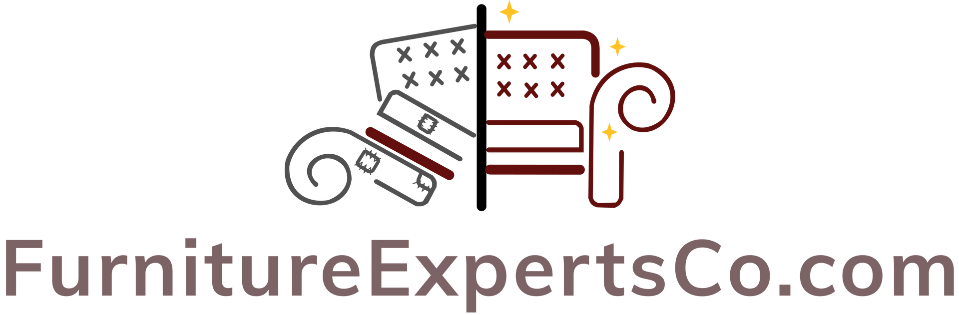 Logo for FurnitureExpertsCo.com featuring a furniture design graphic split in two and gold sparkles.