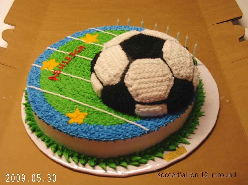 Soccer ball cake on a green and blue field with candles and yellow stars.